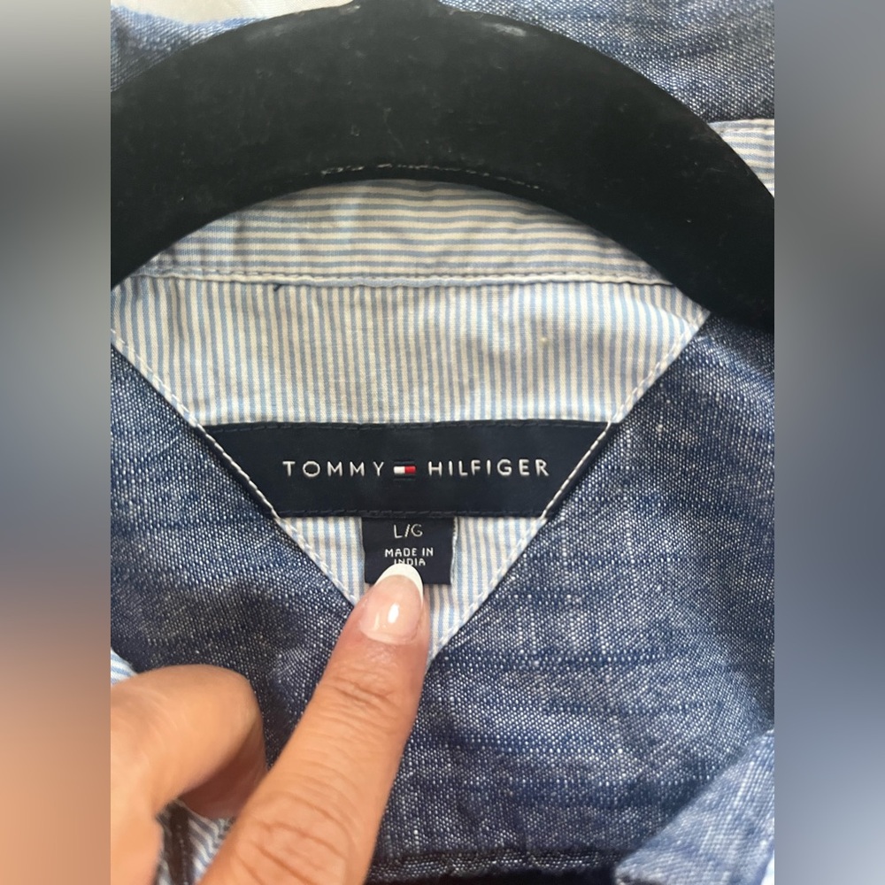Tommy Hilfiger denim pinstripe Polo Collar Button Down Shirt roll tan detail L - Picture 4 of 6